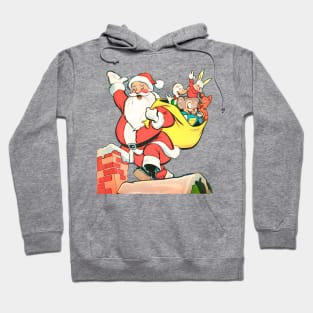 Santa Claus with his friends on the roof by the fireplace at Christmas Retro Vintage Comic Cartoon Hoodie